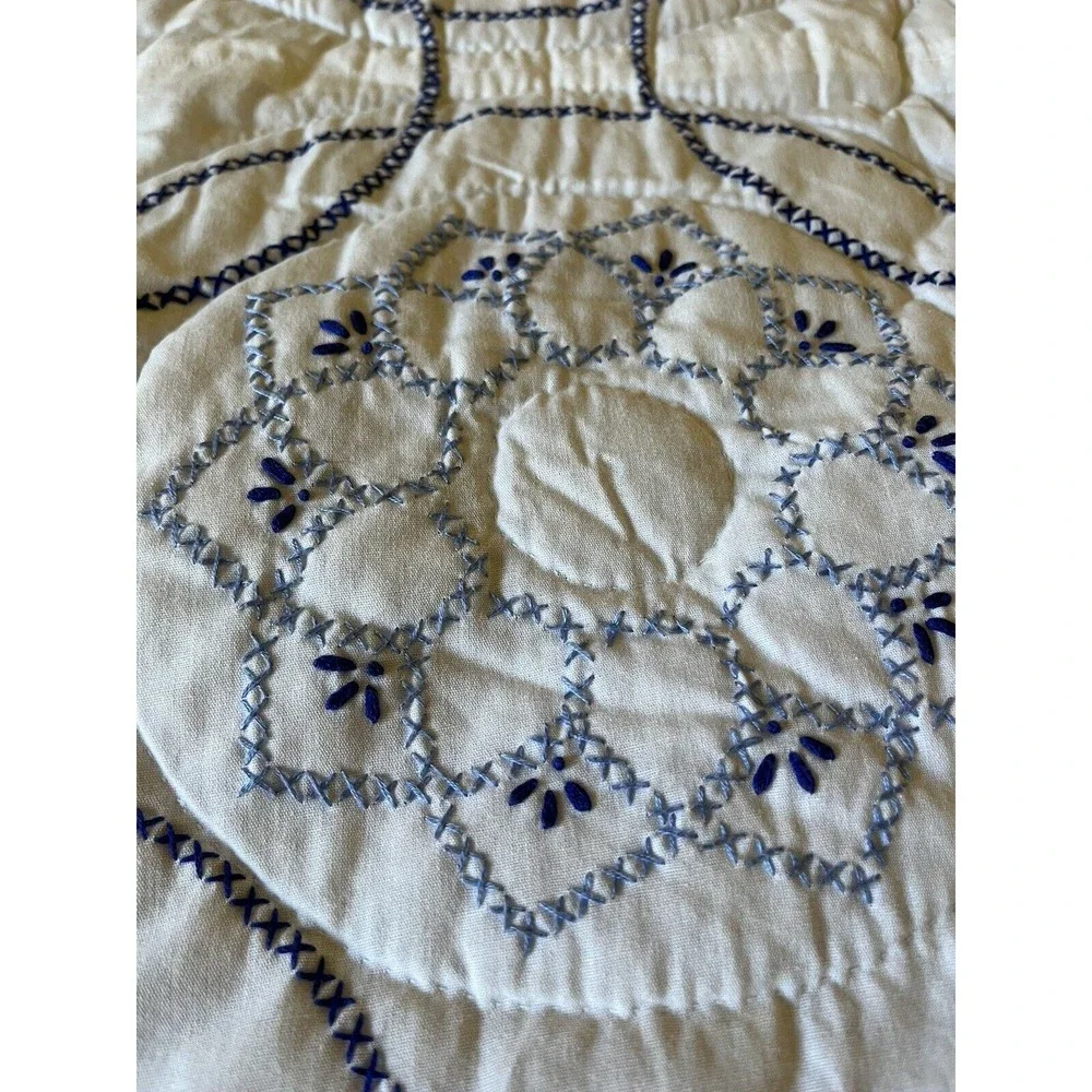 Handmade Lancaster Co PA Blue White Cross Stitch Bedspread wAttached Dust Ruffle